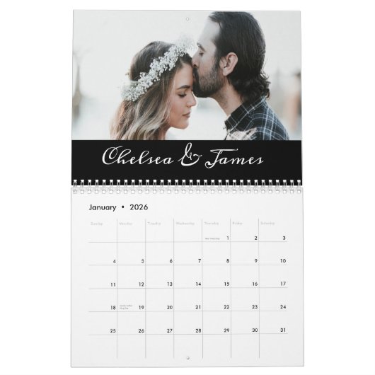 Custom Black Elegance Calligraphy Couple Foto Kalender (Jan 2026)