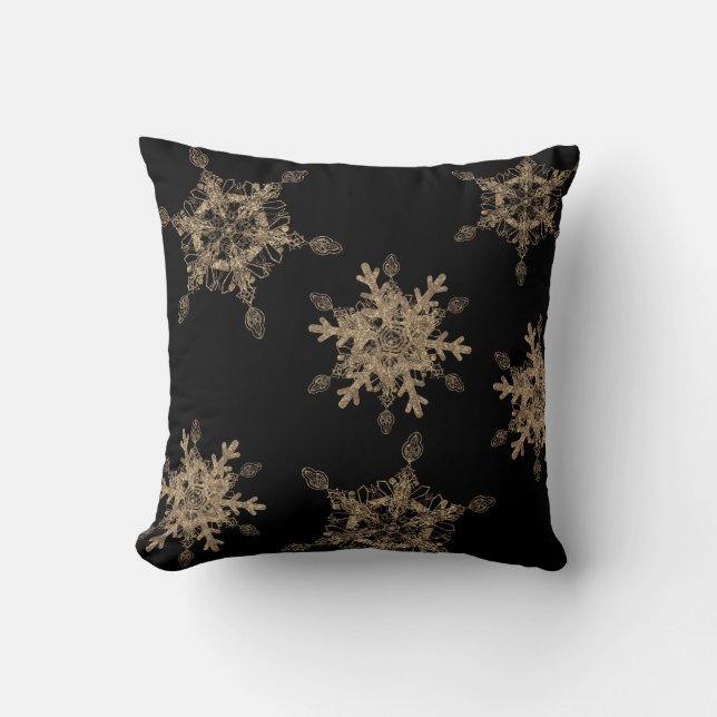 Custom Black Elegante Golden Snow Flakes Kissen (Vorderseite)