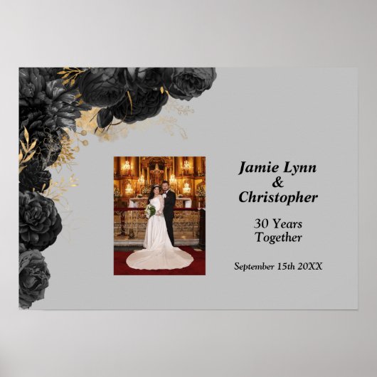 Custom Black Floral Wedding Anniversary Poster (Vorne)