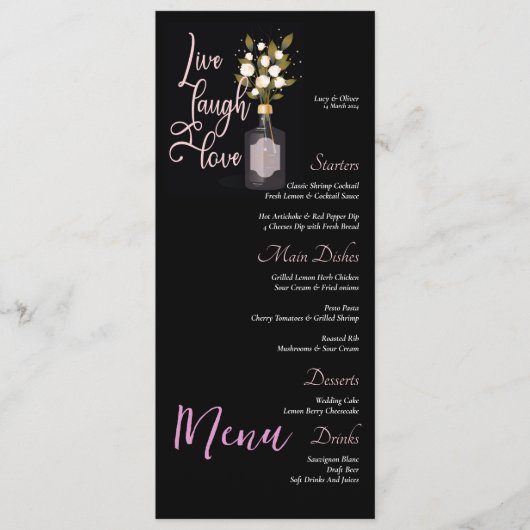 Custom Black Floral Wedding Menu mit Zitat Menükarte (Vorderseite)