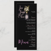 Custom Black Floral Wedding Menu mit Zitat Menükarte (Vorne/Hinten)