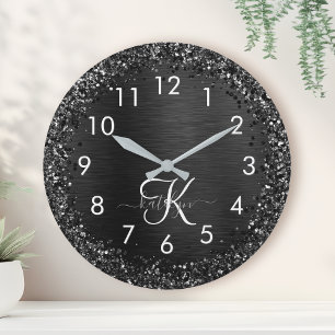 Custom Black Glitter Sparkle Monogram Runde Wanduhr