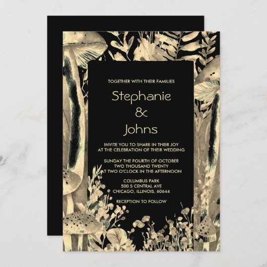 Custom Black Gold Brown Mushrooms Woodland Hochzei Einladung (Vorne/Hinten)