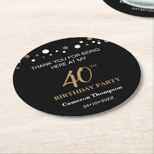 Custom Black Gold Confetti 40. Geburtstag Party Runder Pappuntersetzer