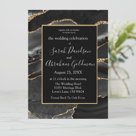 Custom Black Gold Foil Agate Hochzeitseinladungen Einladung (Stehend Vorderseite)
