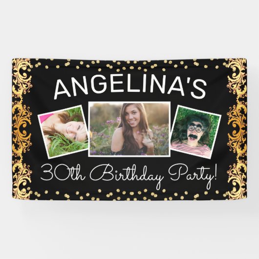Custom Black & Gold Foto Geburtstagsparty Banner (Horizontal)