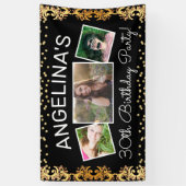 Custom Black & Gold Foto Geburtstagsparty Banner (Vertikal)