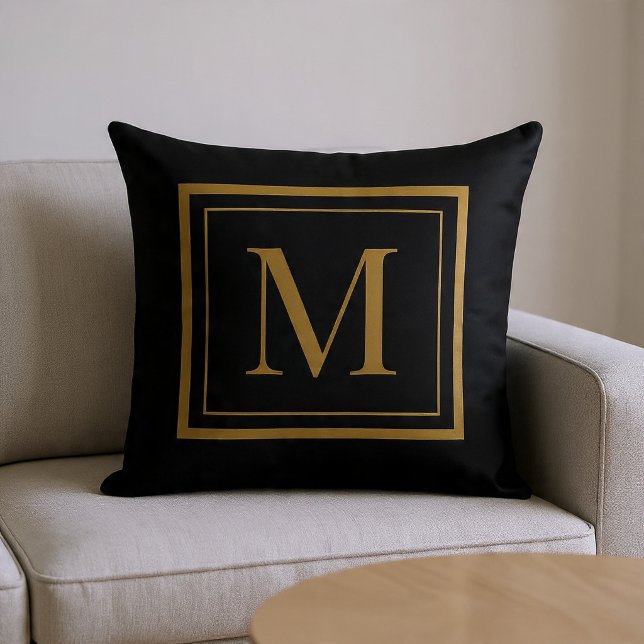 Custom Black & Gold Framed Monogram Throw Pillow Kissen (Von Creator hochgeladen)