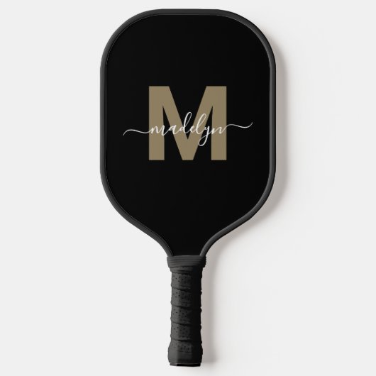Custom Black Gold Modern Script Name Monogram Pickleball Schläger (Rückseite)