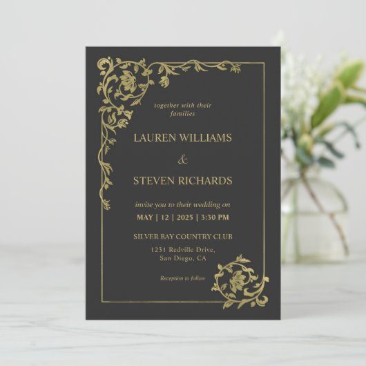 Custom Black Gold Royal ancient Decoration Wedding Einladung (Stehend Vorderseite)