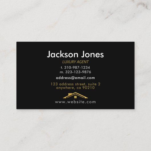 Custom Black + Gold Zuhause Realtors Luxus Moderne Visitenkarte (Rückseite)