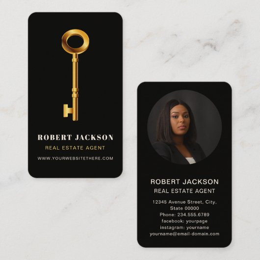 Custom Black + Golden Key Realtors Luxus Moderne Visitenkarte (Vorne/Hinten)
