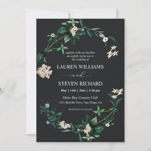 Custom Black Green Blätter White Blume Premium Einladung (Vorderseite)