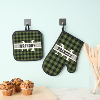 Custom Black Green Buffalo Lumberjack Kariert Ofenhandschuh & Topflappen-Set