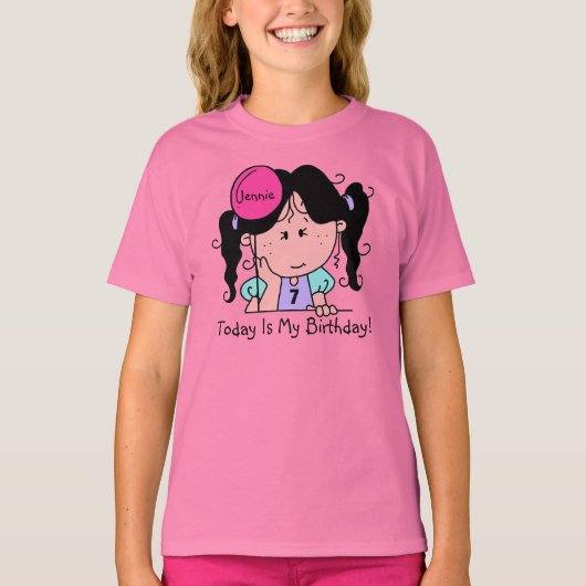 Custom Black Hair Girl w. Balloon Birthday T - Shi T-Shirt (Vorderseite)