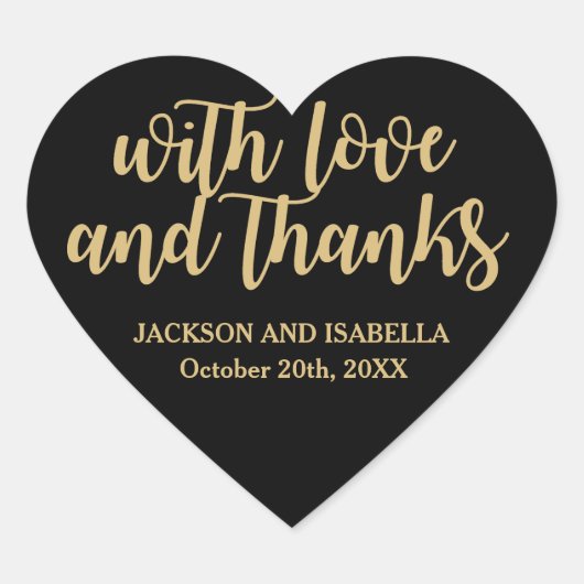 Custom Black Heart Wedding Sticker mit Gold Text (Vorderseite)