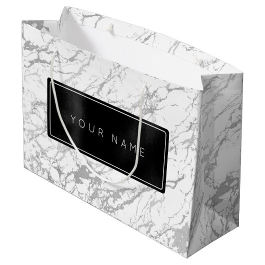 Custom Black Metallic Minimal Marble Gray Stone Große Geschenktüte (Rückseite Schrägansicht)