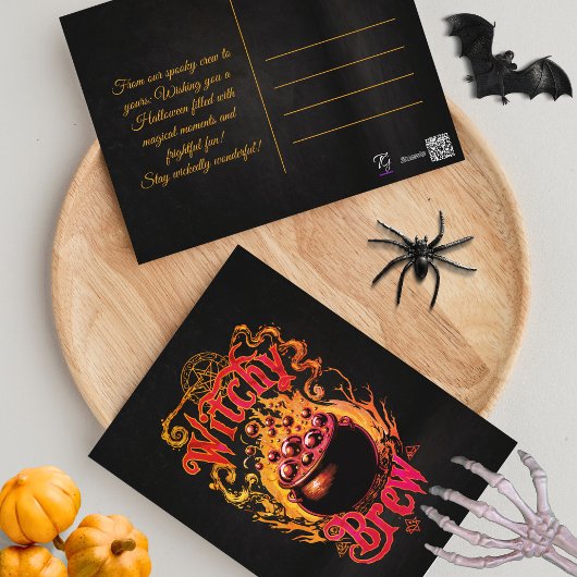 Custom Black Orange Antique Script Halloween Hexe Postkarte