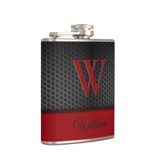 Custom Black Red Imitats Leather Mit Monogramm Ini Flachmann (Rechts)