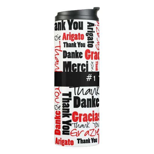 Custom Black Red Multilingual Danke Word Cloud Thermosbecher (Nach links gedreht)