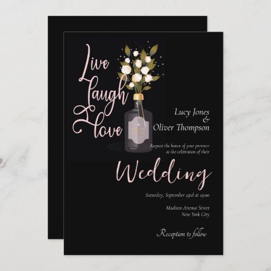 Custom Black Romantic Floral Wedding Card mit/ Quo Einladung (Vorne/Hinten)