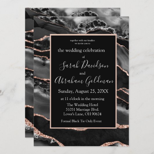 Custom Black Rose Gold Foil Agate Hochzeit Einladung (Vorne/Hinten)