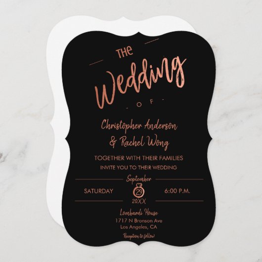Custom Black Simple Script Rose Gold The Wedding Einladung (Vorne/Hinten)