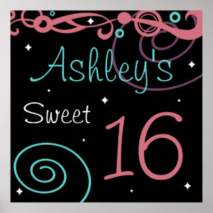 Custom Black Sweet 16 Birthday Party Wall Decor Poster