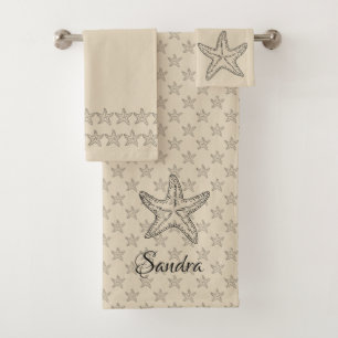 Custom Black Tan Sand Chic Beach House Starfish Badhandtuch Set