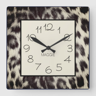 Custom Black White Cheetah Leopard Print Name Quadratische Wanduhr