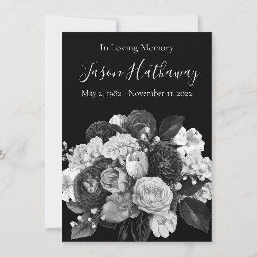 Custom Black & White Floral Memorial Program Einladung (Vorderseite)