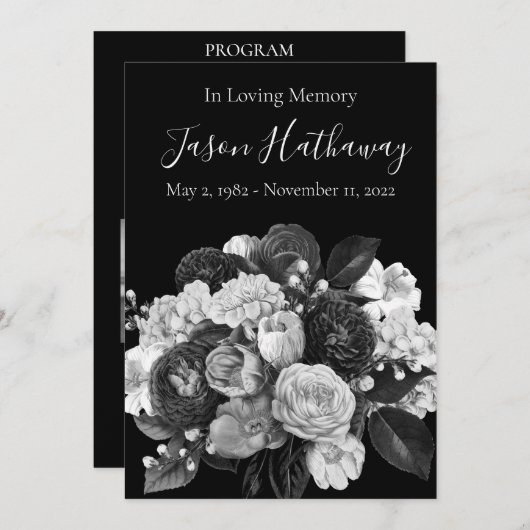Custom Black & White Floral Memorial Program Einladung (Vorne/Hinten)