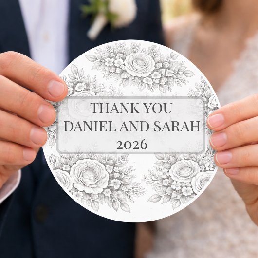 Custom Black White Thank You Floral Sticker