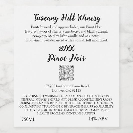 Custom Black WhiteModern QR Code - Beschreibung Weinetikett (Einzelnes Label)