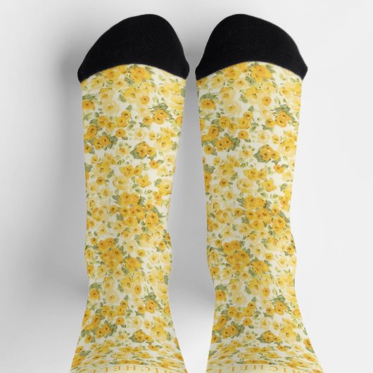 Custom Blassgelbe blühende dunkelgelbe Blumen Socken (Oben)