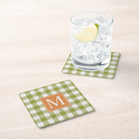 Custom Blätter Green Pumpkin Orange Gingham Patter Rechteckiger Pappuntersetzer (Vor Ort)