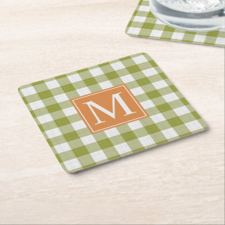 Custom Blätter Green Pumpkin Orange Gingham Patter Rechteckiger Pappuntersetzer