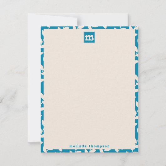 Custom Blue 70er Retro Leaf Muster Monogramm Mitteilungskarte (Vorderseite)
