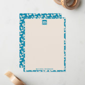 Custom Blue 70er Retro Leaf Muster Monogramm Mitteilungskarte (Vorderseite/Rückseite Beispiel)