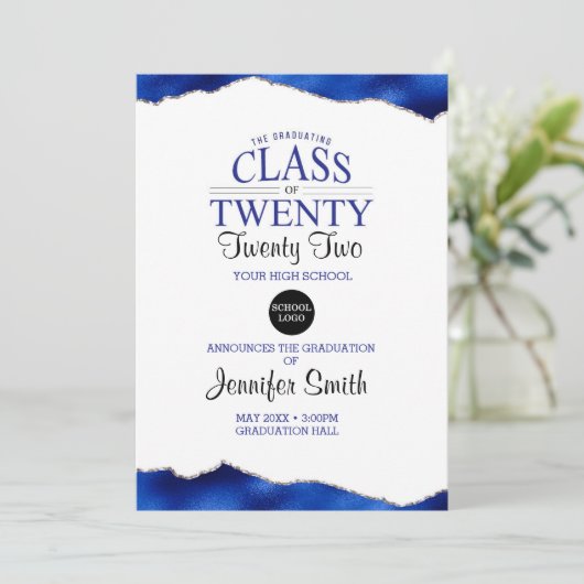 Custom Blue Abschluss Einladung mit Back Foto (Stehend Vorderseite)