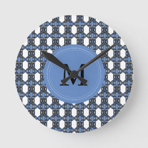 Custom Blue Abstract Scarab Pattern Monogram Runde Wanduhr