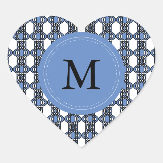 Custom Blue Abstrakt Scarab Muster Monogram Herz-Aufkleber (Vorderseite)