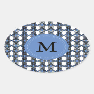 Custom Blue Abstrakt Scarab Muster Monogram Ovaler Aufkleber