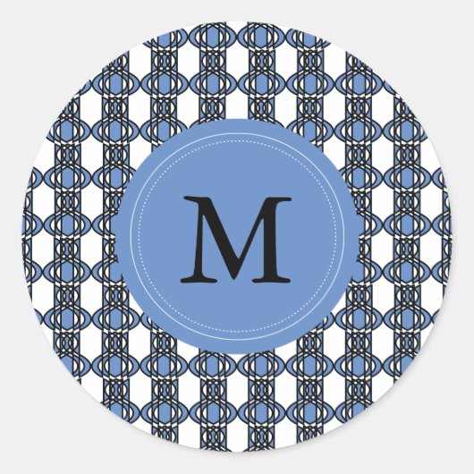 Custom Blue Abstrakt Scarab Muster Monogram Runder Aufkleber (Vorderseite)