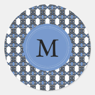 Custom Blue Abstrakt Scarab Muster Monogram Runder Aufkleber