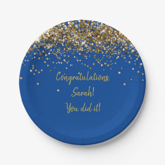 Custom Blue and Gold Graduation Party Glitzer Pappteller (Vorderseite)