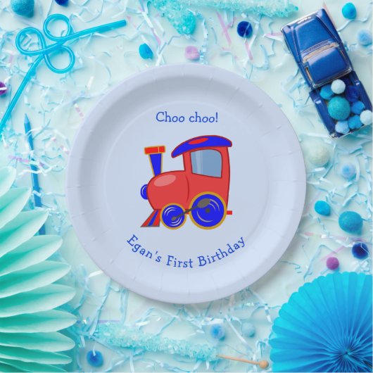 Custom Blue and Red Train Birthday Paper Plate Pappteller (Party)