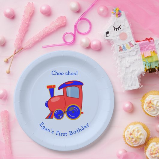 Custom Blue and Red Train Birthday Paper Plate Pappteller (Party)