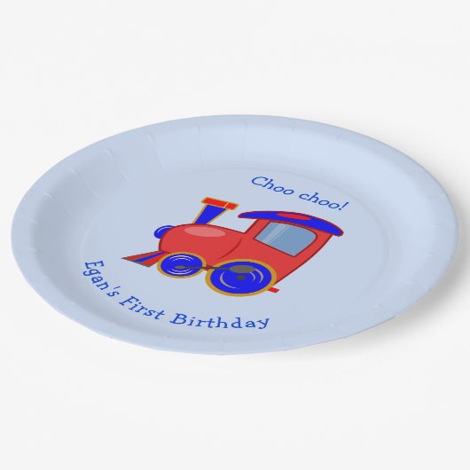 Custom Blue and Red Train Birthday Paper Plate Pappteller (Schrägansicht)