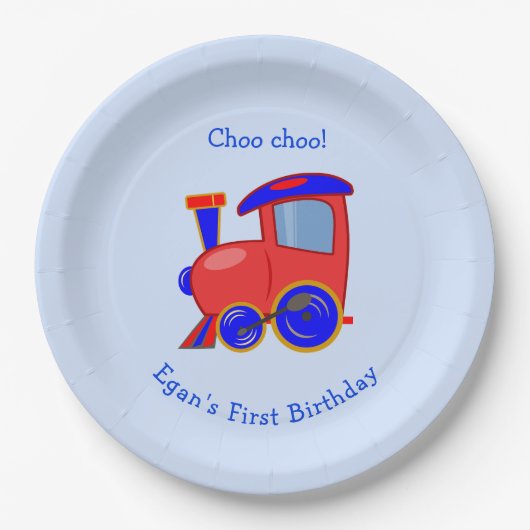 Custom Blue and Red Train Birthday Paper Plate Pappteller (Vorderseite)